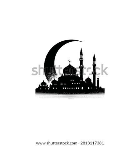 This image features a detailed black silhouette of a mosque, complete with minarets and a central dome. Above the structure, a crescent moon adds a symbolic element against the plain white background. The composition utilizes simple shapes, offering potential for various graphic design projects and editorial content.