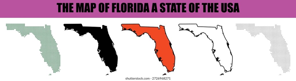 This image features a detailed compilation of five distinct map styles for the state of Florida USA presented on a clean white background Variations include a green dotted pattern a solid black silhouette a vibrant orange filled shape a precise black outline and a subtle grey dotted contour