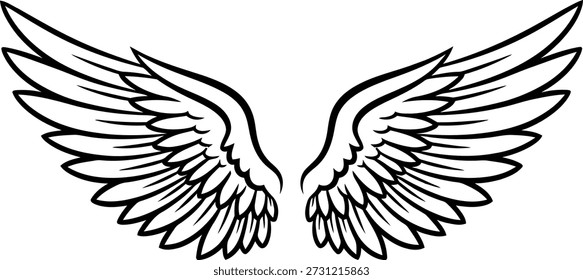 Esta Imagen presenta una ilustración detallada y elegante de un par de alas de ángel. Las alas son simétricas y están intrincadamente diseñadas con curvas suaves y puntas puntiagudas. El estilo artístico de la línea le da una apariencia limpia y minimalista, adecuada para diversos fines artísticos y decorativos.