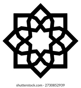 Esta Imagen presenta un patrón geométrico detallado compuesto de Formas entrelazadas. El diseño es simétrico y consiste en una serie de cuadrados y diamantes dispuestos en una formación similar a una estrella. El patrón se representa en blanco y negro, enfatizando la complejidad y precisión de las Formas. El efecto general es de armonía y equilibrio, mostrando la belleza del arte geométrico abstracto.