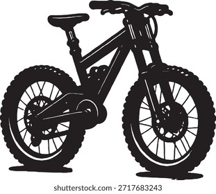 Esta Imagen presenta una ilustración detallada de una bicicleta de montaña negra de alto rendimiento, diseñada para el ciclismo todoterreno extremo. La bicicleta cuenta con un robusto cuadro, sistema de suspensión completa con horquillas delanteras invertidas prominentes de color negro y un amortiguador de bobina trasero, lo que indica su capacidad para manejar terrenos difíciles. Está equipado
