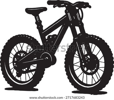 This image features a detailed illustration of a black, high-performance mountain bike, designed for extreme off-road cycling. The bicycle boasts a robust frame, full suspension system with prominent black-colored inverted front forks and a rear coil shock absorber, indicating its capability to handle challenging terrains. It is equipped