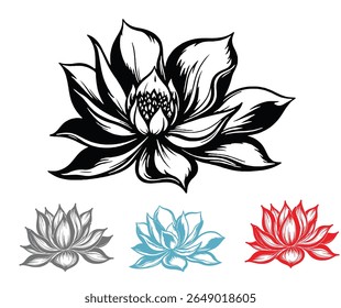 Esta imagem apresenta uma ilustração detalhada da flor de lótus em preto, com variações de cinza, azul e vermelho abaixo.