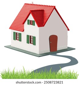 Dieses Bild zeigt ein detailliertes Miniaturhaus, einzeln auf sauberem, weißem Hintergrund, mit einem Beschneidungspfad für die nahtlose Integration in verschiedene Designkontexte. Das Hausmodell, das einen Charme darstellt