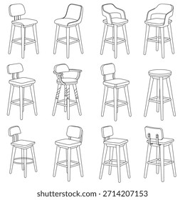 Esta Imagen presenta una ilustración detallada de arte de línea monocromática que muestra una disposición de cuadrícula de doce taburetes de madera diferentes. La colección muestra una variedad de estilos, incluyendo taburetes con