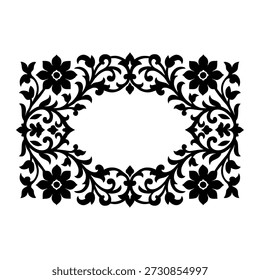 Esta imagem apresenta um design de borda floral preto e branco detalhado e ornamentado. A borda é composta de padrões florais simétricos com espiral de vinhas e folhas. Cada canto do retângulo é adornado com uma grande flor, rodeada por motivos florais menores e intrincados pergaminhos. O design exala um ar de elegância e sofisticação, tornando-o adequado para fins decorativos, como enquadrar ou embelezar documentos.