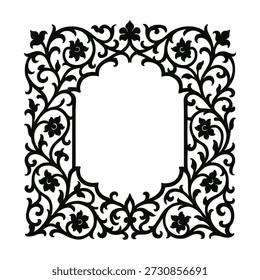This image features a detailed and ornate floral border design. The symmetrical pattern is composed of swirling vines and delicate flowers, creating an elegant and decorative frame. The design is monochromatic, with intricate black lines against a white background, emphasizing the complexity and beauty of the floral motifs.