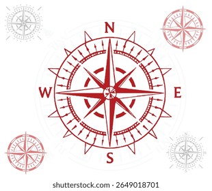 This image features a detailed red compass rose with cardinal directions, accompanied by faded compass designs in gray and pink.