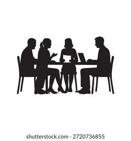 Esta Imagen presenta una silueta detallada de cuatro profesionales de negocios, dos hombres y dos mujeres, sentados alrededor de una Grande mesa de conferencias. Parecen estar involucrados en una reunión productiva o discusión colaborativa. Se muestra a una mujer haciendo gestos mientras habla, lo que indica una participación activa. Otra mujer sostiene un documento, posiblemente revisando notas o una presentación. A la derecha, un hombre está enfocado en una computadora portátil, sugiriendo un análisis de datos o una presentación, mientras que otro hombre escucha atentamente. La escena general transmite trabajo en equipo, comunicación y planificación estratégica dentro de un entorno corporativo o profesional.