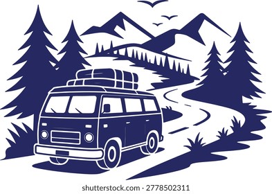 This image features a detailed silhouette of a vintage camper van
