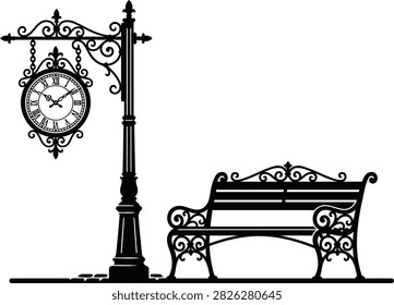 This image features a detailed silhouette of a vintage street clock and park bench, creating a classic urban scene against a white backdrop.