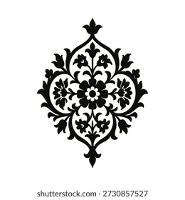 Dieses Bild zeigt ein detailliertes und symmetrisches Blumenmotiv mit aufwändigen Mustern. Das Design ist überwiegend schwarz-weiß und zeigt eine zentrale Blume, die von kleineren Blumenelementen und grünen Reben umgeben ist. Die Gesamtform ist tränenartig, mit spitzen Spitzen oben und unten. Das Motiv scheint von traditioneller oder vintage dekorativer Kunst inspiriert zu sein.