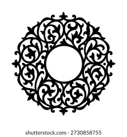 Esta imagem apresenta um motivo floral detalhado e simétrico com padrões elaborados. O desenho é predominantemente preto e branco, apresentando uma flor central rodeada por elementos florais menores e videiras folhosas. A forma geral é semelhante a lágrima, com pontas pontiagudas na parte superior e inferior. O motivo parece ser inspirado pela arte decorativa tradicional ou vintage.