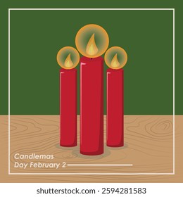 This image features a digital illustration of three red candles lit on a wooden surface, against a dark green background. The candles are depicted in a simple, cartoonish style.