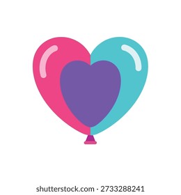 Esta Imagen presenta una ilustración digital de dos globos en forma de corazón, uno rosa y otro azul, con un globo central púrpura. Con forma de corazón, doble globo, colorido
