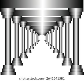 This image features a digitally rendered, futuristic corridor composed of metallic silver pillars arranged in perfect symmetry.