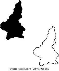 This image features a distinct pear shaped black silhouette with its matching outline, denoting an unidentified geographical area on white.