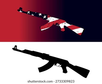 This image features a distressed, stylized silhouette of an AK-47 assault rifle overlaid with the patterns of the American flag (stars and stripes). The design has a "grunge" or weathered texture, set against a plain white background, creating a high-contrast graphic that blends military imagery with national symbolism.