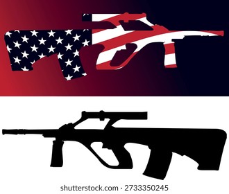This image features a distressed, stylized silhouette of an AK-47 assault rifle overlaid with the patterns of the American flag (stars and stripes). The design has a "grunge" or weathered texture, set against a plain white background, creating a high-contrast graphic that blends military imagery with national symbolism.