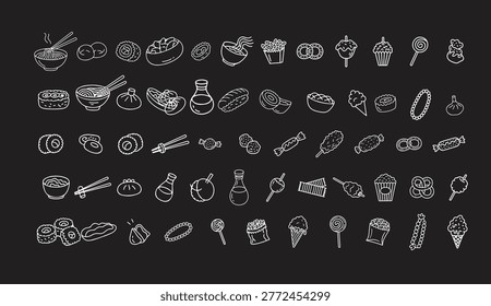 This image features a diverse array of white line drawings depicting various food and drink items against a solid black background. The illustrations include a wide range of culinary delights, such as sushi, pizza, cakes, ice cream, fruits, vegetables, meats, and seafood, as well as kitchen utensils and tableware. The simple yet detailed drawings are likely intended for use as icons or graphics in a restaurant, menu, or food-related context. The stark contrast between the white illustrations and black background creates a visually striking and easily recognizable image.
