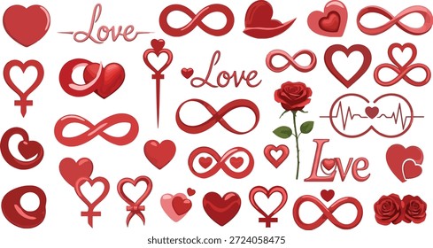 This image features a diverse assortment of red heart and love themed symbols arranged on a white background. The collection includes various heart shapes, infinity symbols, and love signs. Some of the symbols are stylized with a heartbeat line, while others feature roses or typography. The image appears to be a design element or graphic illustration, perfect for use in Valentine's Day cards, gifts, or decorations. The vibrant red color and playful designs evoke feelings of romance, affection, and love.