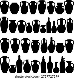 Esta Imagen cuenta con una variedad diversa de jarrones y jarras de cerámica, cada uno exhibe Formas y diseños únicos. La colección incluye ánforas tradicionales, urnas clásicas y varias jarras, todas mostradas en siluetas negras sobre un fondo blanco. La variedad de formas y manijas destaca la diversidad artística de la artesanía cerámica.
