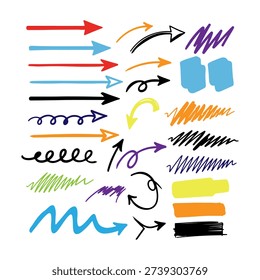 This image features a diverse assortment of hand-drawn arrows and lines in various colors, including red, blue, orange, black, purple, green, and yellow. The arrows and lines are arranged in a seemingly random pattern, with some being straight, curved, or wavy. The image appears to be a graphic design element or a clip-art illustration.