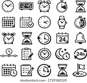Esta Imagen presenta una colección diversa de íconos en blanco y negro centrados en los temas de tiempo, programación y productividad. El conjunto incluye varias representaciones de relojes como diseños analógicos, digitales, de alarma, de cronómetro y de reloj de pulsera. También están presentes los iconos de los calendarios, que indican fechas, citas y finalización de tareas con marcas de verificación. Otros Elementos incluyen un reloj de arena que simboliza el paso del tiempo, un ícono de campana para las notificaciones y una lista de verificación con un bolígrafo para la planificación o listas de tareas pendientes. Los íconos que representan ciclos de 24 horas, la noche con la luna y las estrellas, y el tiempo basado en la ubicación enriquecen aún más la colección, lo que la hace adecuada para una amplia gama de aplicaciones que requieren Elementos visuales relacionados con el tiempo.