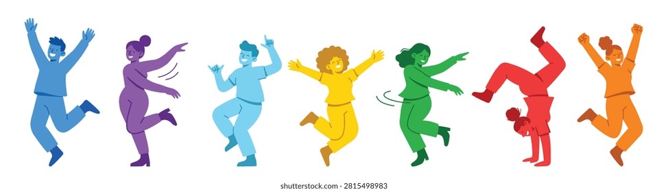 This image features a diverse group of seven people dancing in various joyful poses, showcasing a range of dynamic movements and expressions. The individuals are depicted in a vibrant color palette, including blue, purple, light blue, yellow, green, red, and orange. The dancers are set against a clean white background, emphasizing their energetic and carefree actions.