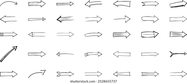 Esta imagem apresenta um conjunto diversificado de setas, cada uma com características únicas. As setas são desenhadas com um estilo desenhado à mão, adicionando um toque casual e pessoal ao design.