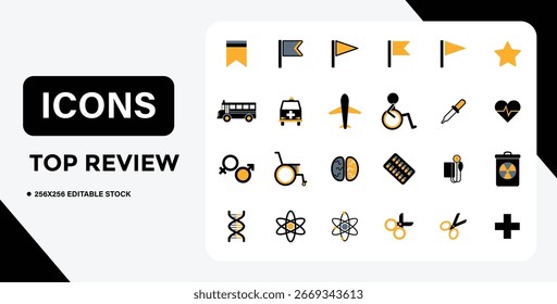 Esta imagem apresenta um conjunto diversificado de ícones pretos e amarelos, incluindo médicos, transportes, ciência e símbolos gerais, sobre um fundo branco.