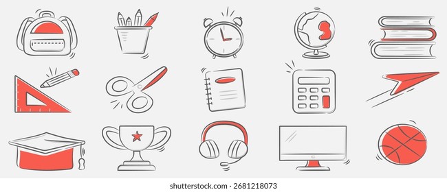 Esta imagem apresenta um conjunto diversificado de ícones relacionados à escola lindamente exibidos em um fundo branco limpo que aumenta sua visibilidade