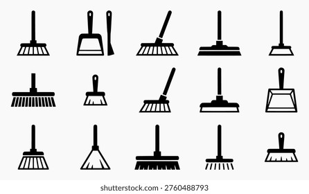 This image features a diverse set of monochrome icons illustrating essential household cleaning equipment, including multiple broom designs and dustpan variations, presented on a white background.