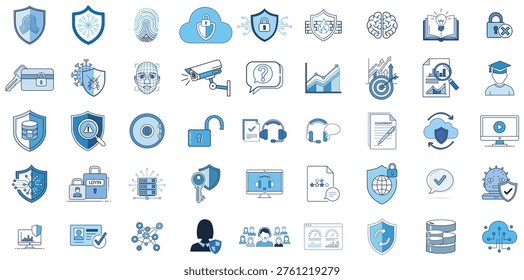 This image features a diverse set of icons related to cybersecurity, technology, and data protection. The icons are depicted in various shades of blue and grey, set against a clean white background. They represent different aspects of online security, including shields, locks, clouds, and other symbols of protection and defense. The icons are likely used to illustrate concepts such as data encryption, secure online transactions, and network security. The image appears to be a visual representation of the importance of cybersecurity in today's digital age.