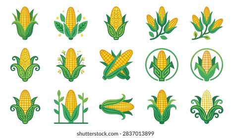 This image features a diverse set of pixel-art style corn cob illustrations arranged in a structured grid. Each icon showcases unique variations of yellow kernels and green husks, ranging from simple designs to more intricate, decorative patterns. The overall color palette is vibrant, utilizing bright yellows and deep greens to create a fresh, agricultural aesthetic suitable for various design projects