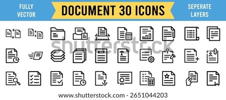 This image features document, icon, file, folder, data, management, processing, vector. Collection of thirty document icons representing file management and data processing tasks