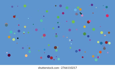 This image features a dynamic arrangement of multicolored circles scattered across a gradient blue backdrop, creating a visually engaging and abstract composition. The circles vary in size and hue,.