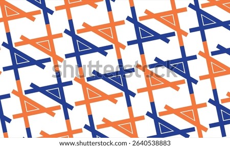 This image features a dynamic geometric pattern with shapes resembling a slanted letter “A” or crossed triangular arrows, arranged diagonally in two contrasting colors — dark blue and bright orange.