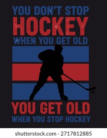 Esta Imagen presenta una silueta dinámica de jugador de hockey en acción, ambientada sobre un vibrante fondo rojo y azul. El estilo artístico es atrevido y plano, transmitiendo una sensación de energía y pasión por el deporte. El sentimiento es inspirador y motivador, celebrando el amor por el hockey. Archivo EPS de Vector totalmente editable adecuado para proyectos de diseño, impresión y Web.