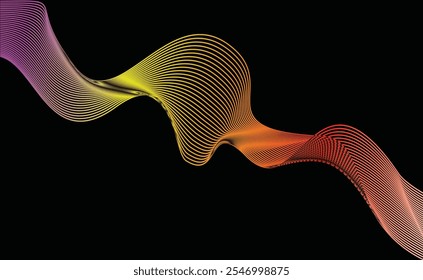 This image features a dynamic wave of colorful lines transitioning smoothly from purple to yellow, orange, and red, set against a black background.