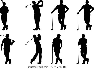 This image features eight black silhouette figures representing golfers engaged in different golfing activities. Each figure is shown in a unique pose, including swinging a golf club, walking, and preparing to hit the ball, all set against a plain background. The silhouettes emphasize the diversity in golfing stances and body movements.