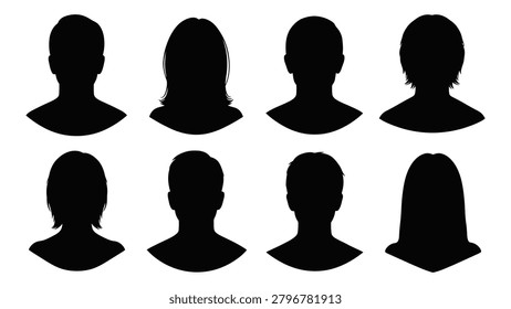 This image features eight black human head silhouettes with different hairstyles on a white background. The figures are featureless and