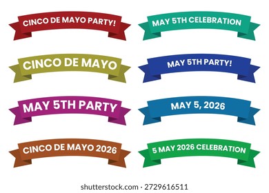
Dieses Bild zeigt acht farbenfrohe Bänder für Cinco de Mayo 2026. In zwei Spalten angeordnet, erscheinen die geschwungenen Bänder in Rot, Teal, Olive, Königsblau, Lila, Himmelblau, Braun und Grün. Der weiße Text auf den Bannern beinhaltet CINCO DE MAYO PARTY, FEIER AM 5. MAI und 5. MAI 2026. Jedes Band hat schattierte Kanten für einen 3D-Effekt und bietet eine festliche Vielfalt an digitalen Labels für den Urlaub.
