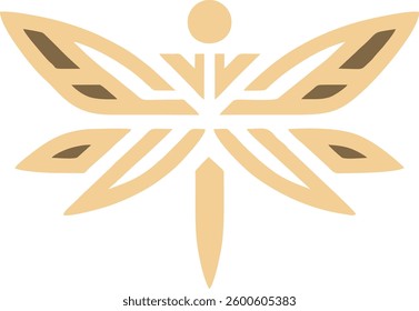 This image features an elegant abstract dragonfly design with symmetrical wings and a geometric aesthetic. The dragonfly is depicted in a modern, minimalist style using shades of brown and beige
