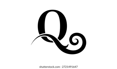 Esta imagem apresenta uma letra Q elegante e artisticamente trabalhada, adornada com redemoinhos. O design é apresentado em preto contra um fundo branco limpo, criando um sofisticado e