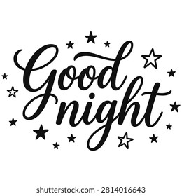 This image features elegant black calligraphy that spells out goodnight, surrounded by small stars, all set against a transparent background for versatile design applications.