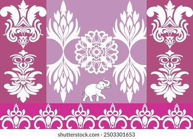 This image features an elegant design inspired by traditional Thai motifs, showcasing intricate white patterns against a soft, contrasting background of pink and lavender. At the center of the composi