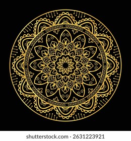 This image features an elegant, intricate mandala in gold, with symmetrical floral and geometric patterns, radiating beautifully on a black background, conveying harmony and spiritual symbolism.