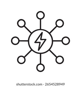 This image features energy, electricity, lightning, bolt, network, decentralized, node, connection. Decentralized Energy Network Icon with Lightning Bolt in Center and Connected Nodes Around