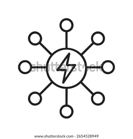 This image features energy, electricity, lightning, bolt, network, decentralized, node, connection. Decentralized Energy Network Icon with Lightning Bolt in Center and Connected Nodes Around